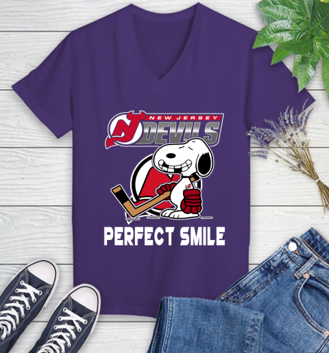 NHL New Jersey Devils Snoopy Perfect Smile The Peanuts Movie Hockey T Shirt Women's V-Neck T-Shirt 3