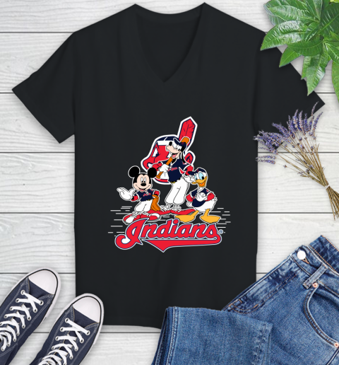 MLB Cleveland Indians Mickey Mouse Donald Duck Goofy Baseball T Shirt Women's V-Neck T-Shirt