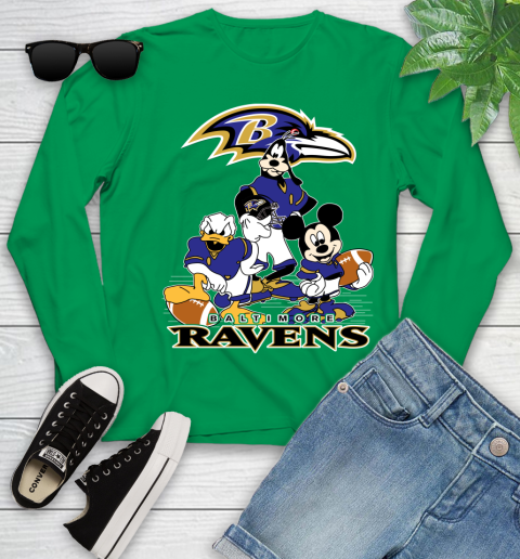 NFL Baltimore Ravens Mickey Mouse Donald Duck Goofy Football Shirt Youth Long Sleeve 7