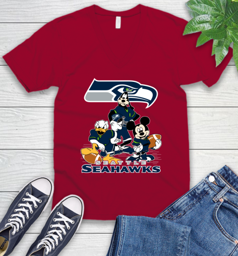 NFL Seattle Seahawks Mickey Mouse Donald Duck Goofy Football Shirt V-Neck T-Shirt 7