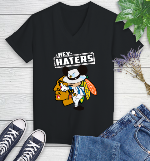 NHL Hey Haters Mickey Hockey Sports Chicago Blackhawks Women's V-Neck T-Shirt