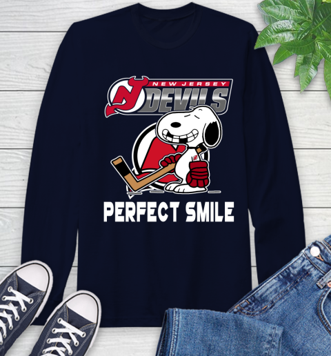 NHL New Jersey Devils Snoopy Perfect Smile The Peanuts Movie Hockey T Shirt Long Sleeve T-Shirt 3