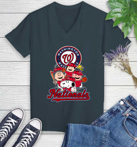 MLB Washington Nationals Snoopy Charlie Brown Woodstock The Peanuts Movie Baseball T Shirt_000 Women's V-Neck T-Shirt 8