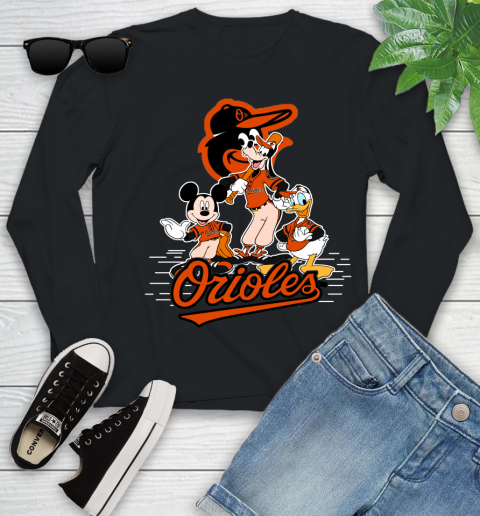 MLB Baltimore Orioles Mickey Mouse Donald Duck Goofy Baseball T Shirt Youth Long Sleeve