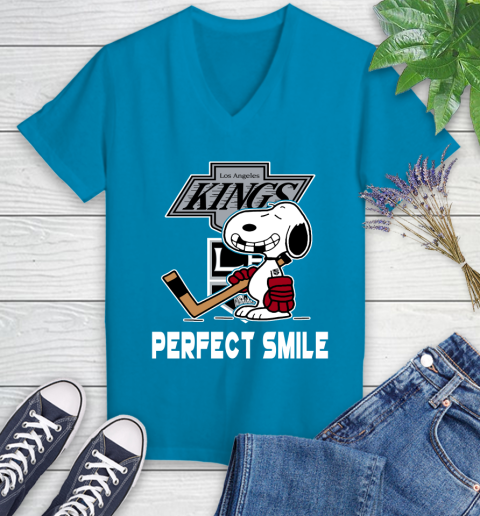 NHL Los Angeles Kings Snoopy Perfect Smile The Peanuts Movie Hockey T Shirt Women's V-Neck T-Shirt 7