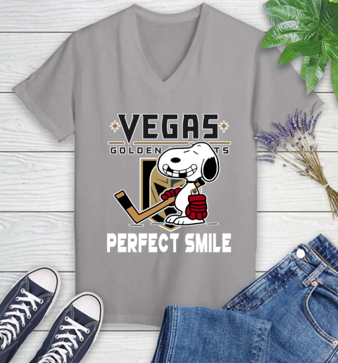 NHL Vegas Golden Knights Snoopy Perfect Smile The Peanuts Movie Hockey T Shirt Women's V-Neck T-Shirt 4