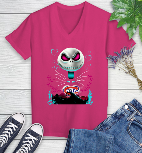 NHL Montreal Canadiens Jack Skellington Sally The Nightmare Before Christmas Hockey Women's V-Neck T-Shirt 9