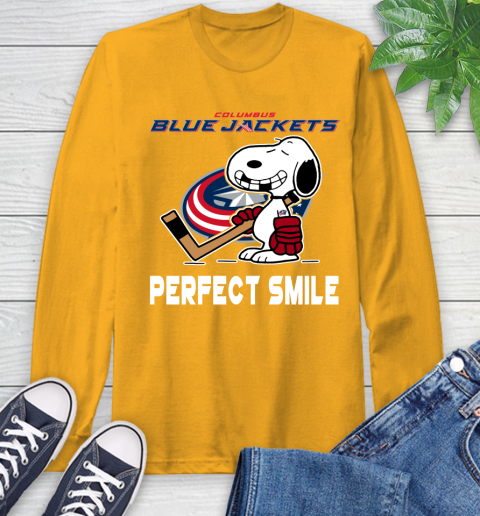 NHL Columbus Blue Jackets Snoopy Perfect Smile The Peanuts Movie Hockey T Shirt Long Sleeve T-Shirt 2