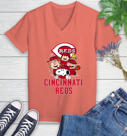 MLB Cincinnati Reds Snoopy Charlie Brown Woodstock The Peanuts Movie Baseball T Shirt_000 Women's V-Neck T-Shirt 6