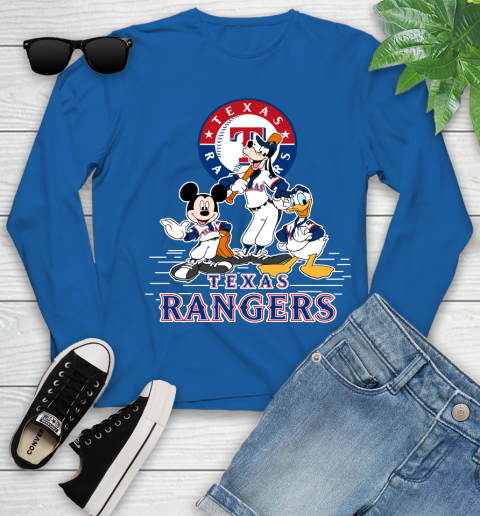 MLB Texas Rangers Mickey Mouse Donald Duck Goofy Baseball T Shirt Youth Long Sleeve 10