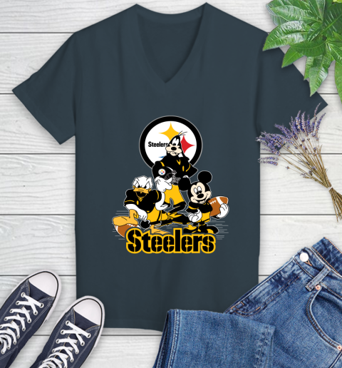 NFL Pittsburgh Steelers Mickey Mouse Donald Duck Goofy Football Shirt Women's V-Neck T-Shirt 8