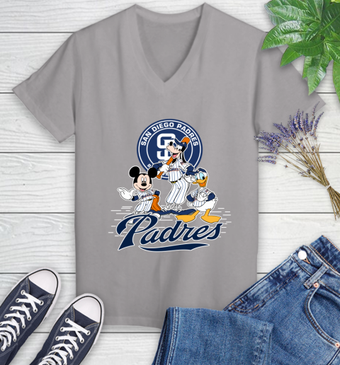 MLB San Diego Padres Mickey Mouse Donald Duck Goofy Baseball T Shirt Women's V-Neck T-Shirt 4