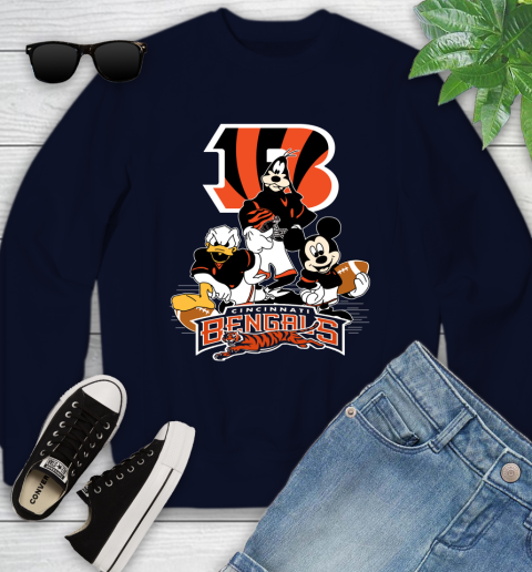 NFL Cincinnati Bengals Mickey Mouse Donald Duck Goofy Football Shirt Youth  Sweatshirt