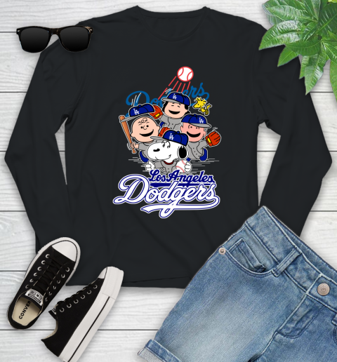 MLB Los Angeles Dodgers Snoopy Charlie Brown Woodstock The Peanuts Movie Baseball T Shirt_000 Youth Long Sleeve