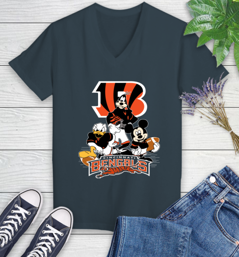 NFL Cincinnati Bengals Mickey Mouse Donald Duck Goofy Football Shirt Women's V-Neck T-Shirt 8