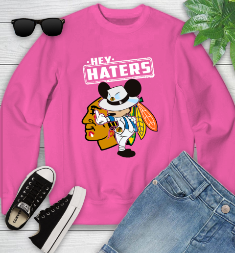 NHL Hey Haters Mickey Hockey Sports Chicago Blackhawks Youth Sweatshirt 6