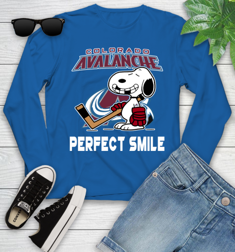 NHL Colorado Avalanche Snoopy Perfect Smile The Peanuts Movie Hockey T Shirt Youth Long Sleeve 10