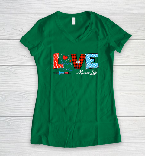 Love Nurselife Valentine Nurse Leopard Print Plaid Heart Women's V-Neck T-Shirt 10