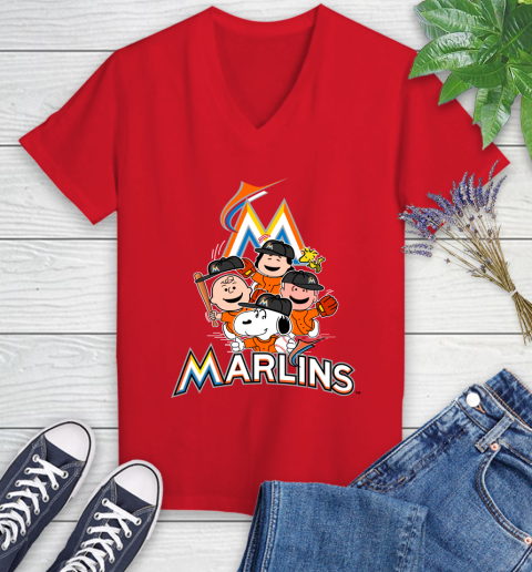 MLB Miami Marlins Snoopy Charlie Brown Woodstock The Peanuts Movie Baseball T Shirt Women's V-Neck T-Shirt 11