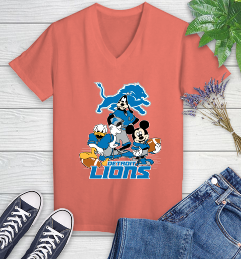 NFL Detroit Lions Mickey Mouse Donald Duck Goofy Football Shirt Women's V-Neck T-Shirt 6