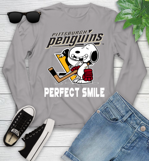 NHL Pittsburgh Penguins Snoopy Perfect Smile The Peanuts Movie Hockey T Shirt Youth Long Sleeve 5