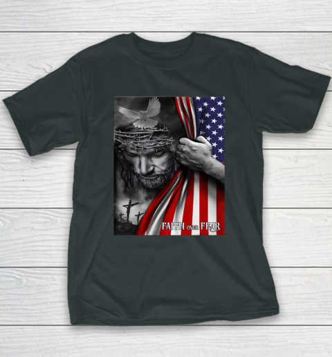 Faith Over Fear God Jesus Christian Flag 4th Of July Youth T-Shirt 3