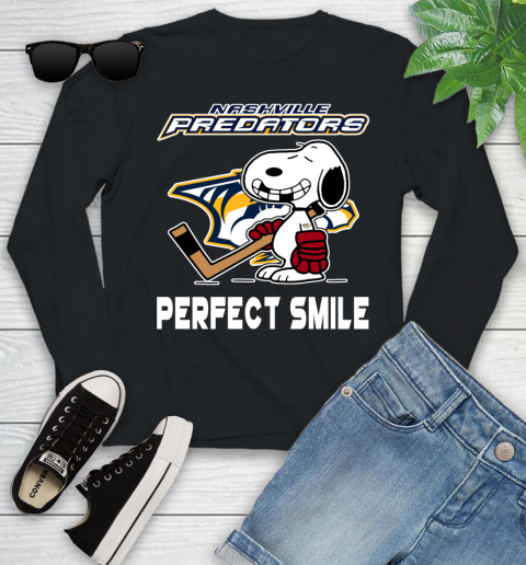 NHL Nashville Predators Snoopy Perfect Smile The Peanuts Movie Hockey T Shirt Youth Long Sleeve