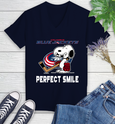 NHL Columbus Blue Jackets Snoopy Perfect Smile The Peanuts Movie Hockey T Shirt Women's V-Neck T-Shirt 2