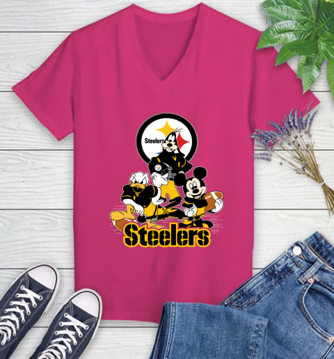 NFL Pittsburgh Steelers Mickey Mouse Donald Duck Goofy Football Shirt Women's V-Neck T-Shirt 9