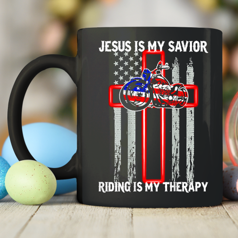 Jesus Is My Savior Riding Is My Therapy American Flag Cross Ceramic Mug 11oz 2