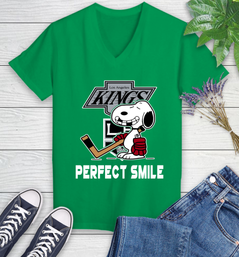 NHL Los Angeles Kings Snoopy Perfect Smile The Peanuts Movie Hockey T Shirt Women's V-Neck T-Shirt 5