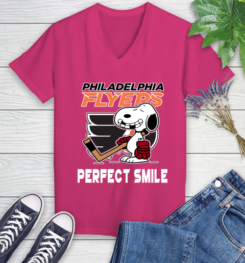 NHL Philadelphia Flyers Snoopy Perfect Smile The Peanuts Movie Hockey T Shirt Women's V-Neck T-Shirt 9