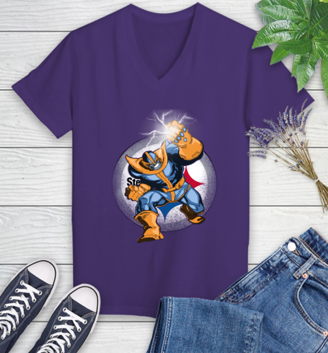 Pittsburgh Steelers NFL Football Thanos Avengers Infinity War Marvel Women's V-Neck T-Shirt 3