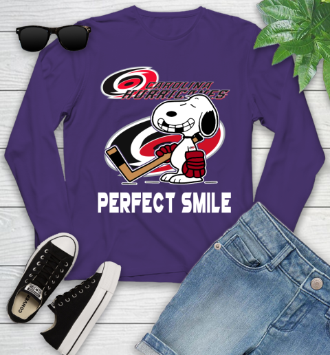NHL Carolina Hurricanes Snoopy Perfect Smile The Peanuts Movie Hockey T Shirt Youth Long Sleeve 4