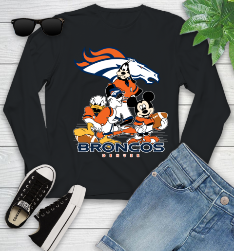 NFL Denver Broncos Mickey Mouse Donald Duck Goofy Football Shirt Youth Long Sleeve