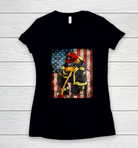 Firefighter American Flag Memorial Day Fireman Patriotic Women's V-Neck T-Shirt