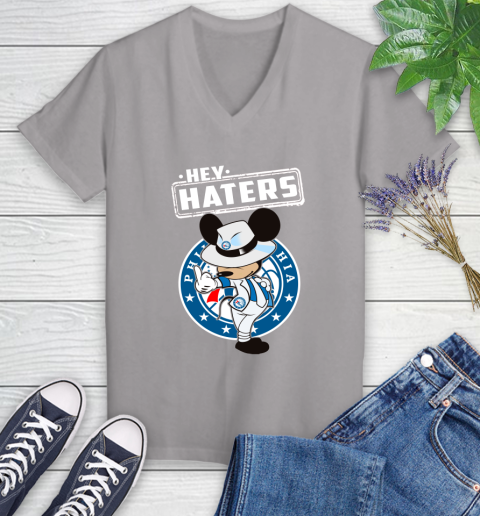 NBA Hey Haters Mickey Basketball Sports Philadelphia 76ers Women's V-Neck T-Shirt 4