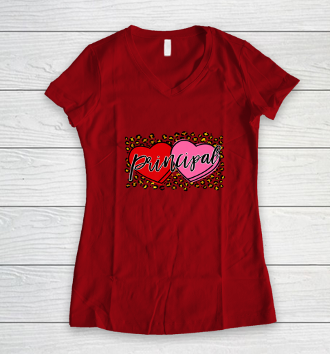 Leopard Candy Heart Principal Valentine Day Principal V Day Women's V-Neck T-Shirt 9