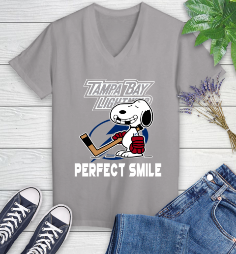NHL Tampa Bay Lightning Snoopy Perfect Smile The Peanuts Movie Hockey T Shirt Women's V-Neck T-Shirt 4