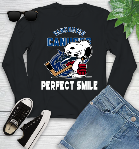 NHL Vancouver Canucks Snoopy Perfect Smile The Peanuts Movie Hockey T Shirt Youth Long Sleeve