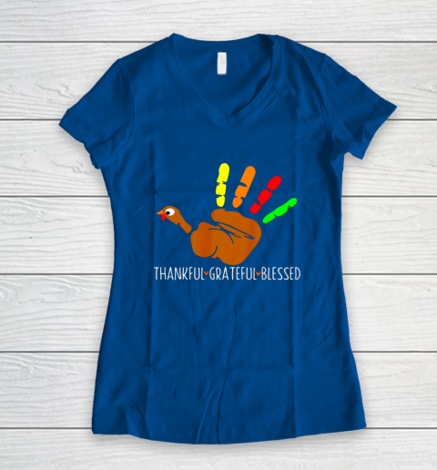 Thanksgiving Shirt Turkey Hand Print Funny Thanksgiving Day Women's V-Neck T-Shirt 5