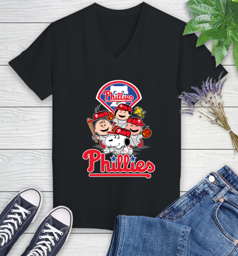 MLB Philadelphia Phillies Snoopy Charlie Brown Woodstock The Peanuts Movie Baseball T Shirt_000 Women's V-Neck T-Shirt