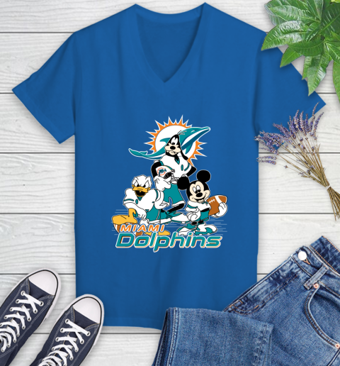 NFL Miami Dolphins Mickey Mouse Donald Duck Goofy Football Shirt Women's V-Neck T-Shirt 10