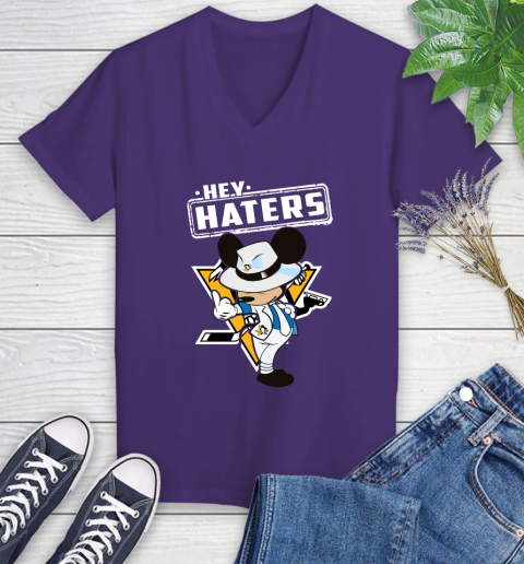 NHL Hey Haters Mickey Hockey Sports Pittsburgh Penguins Women's V-Neck T-Shirt 3