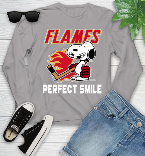 NHL Calgary Flames Snoopy Perfect Smile The Peanuts Movie Hockey T Shirt Youth Long Sleeve 5