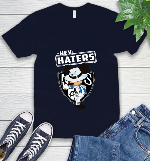 NBA Hey Haters Mickey Basketball Sports Brooklyn Nets V-Neck T-Shirt 2