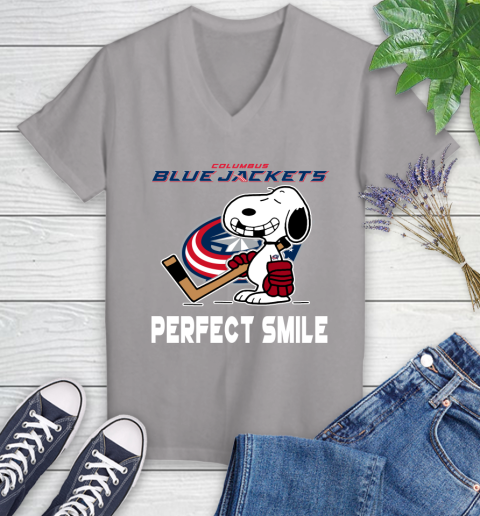 NHL Columbus Blue Jackets Snoopy Perfect Smile The Peanuts Movie Hockey T Shirt Women's V-Neck T-Shirt 4