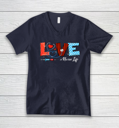 Love Nurselife Valentine Nurse Leopard Print Plaid Heart V-Neck T-Shirt 8