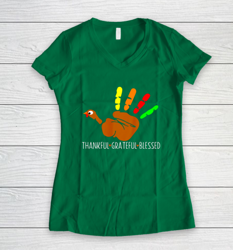 Thanksgiving Shirt Turkey Hand Print Funny Thanksgiving Day Women's V-Neck T-Shirt 3