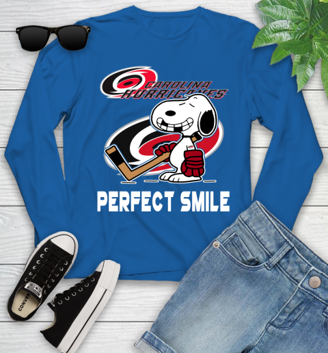 NHL Carolina Hurricanes Snoopy Perfect Smile The Peanuts Movie Hockey T Shirt Youth Long Sleeve 10